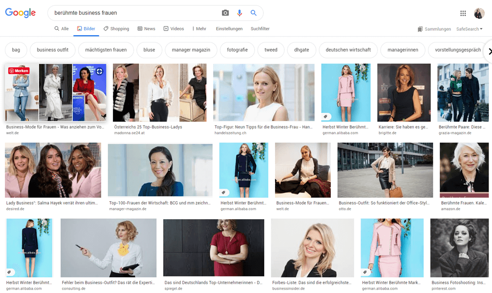 Screenshot einer Google Bildersuche nach "Berühmte Business Frauen"