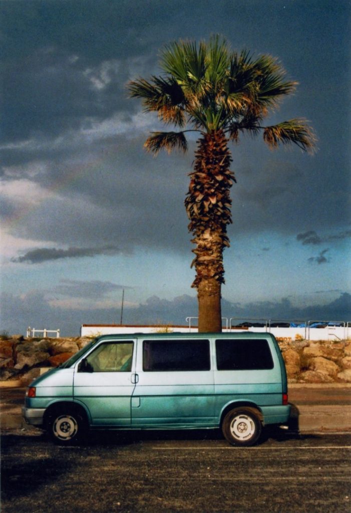 türkisfarbener alter VW T4 Bus vor einer Palme